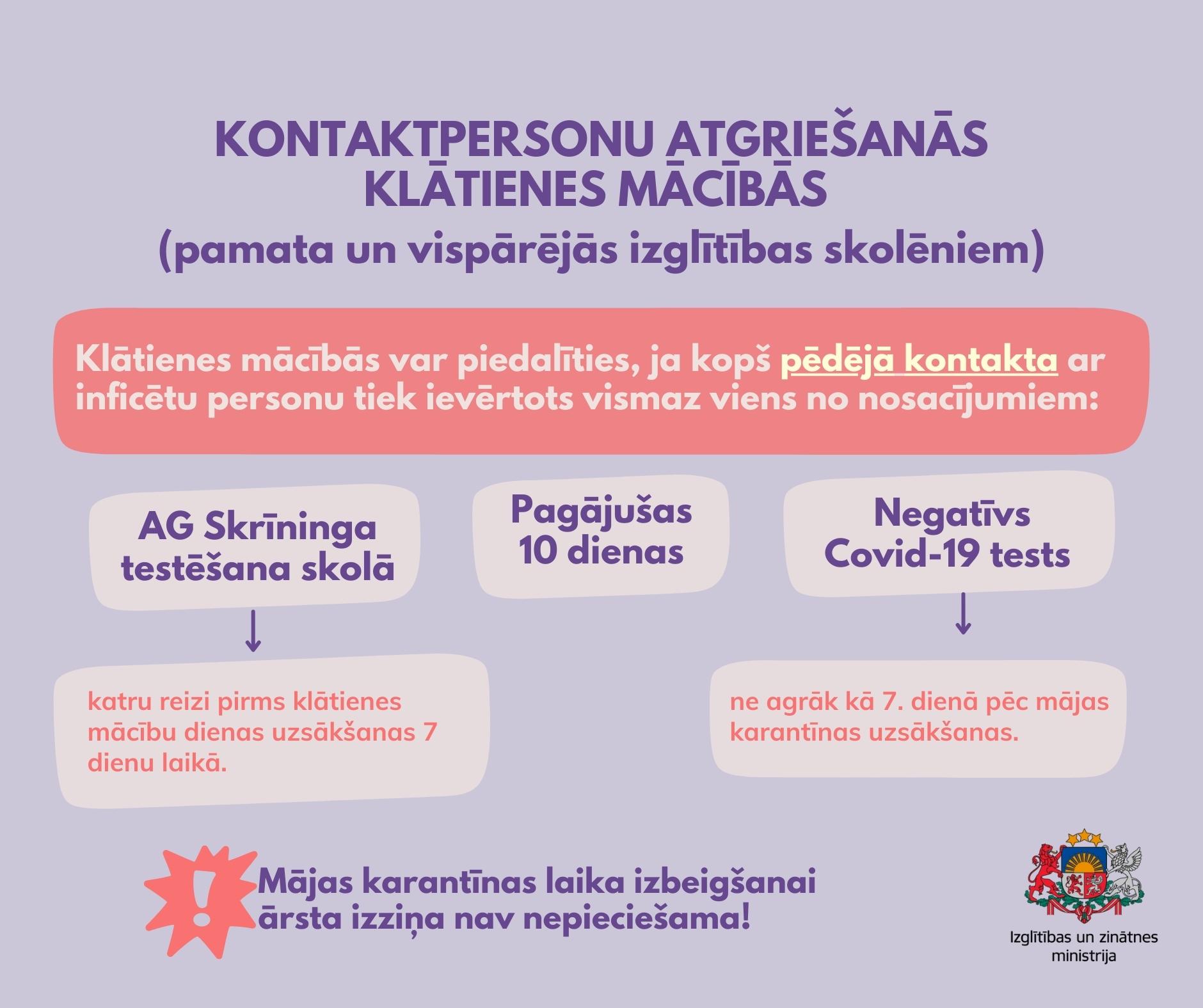 Kontaktpersonu atgriešanās klātienes mācībās